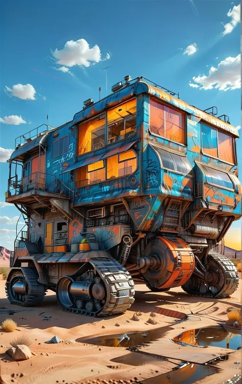 no humans, ground vehicle, sky, outdoors, dark desert, (night desert:2), motor vehicle, neon, (blue neon),  (orange neon), graffiti, cloud, vehicle focus, scenery, building, Tracked Vehicle, Traction City, black paint,
black and orange paint, (paint scratc...