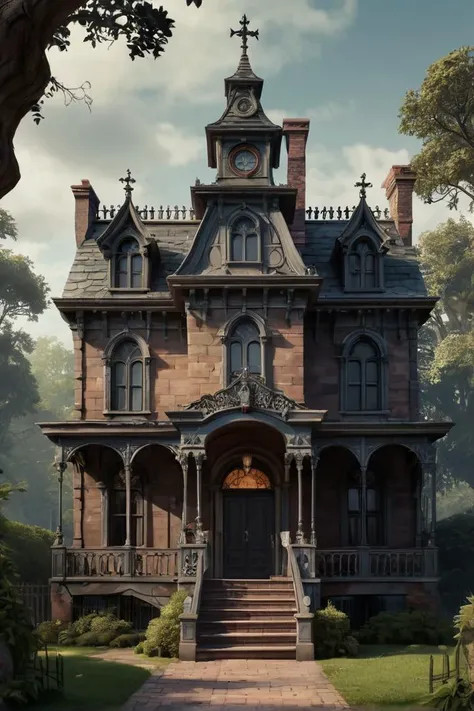 Annimation, in the style of the animated series [Over the Garden Wall], Haunted Mansion: "A gothic mansion with dark windows and a creaking door."