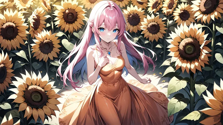 breathtaking 1girl with pink long hair and blue eyes,bangs,hakaseayaka,((masterpiece)),((best quality)),8k,high detailed,ultra-detailed,a girl in an elegant orange dress,standing in a field of sunflowers,butterflies flying nearby,shot from above,anime styl...