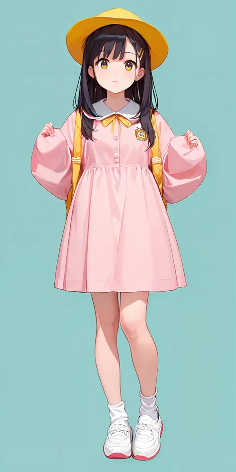 anime girl in a pink dress and yellow hat with a backpack