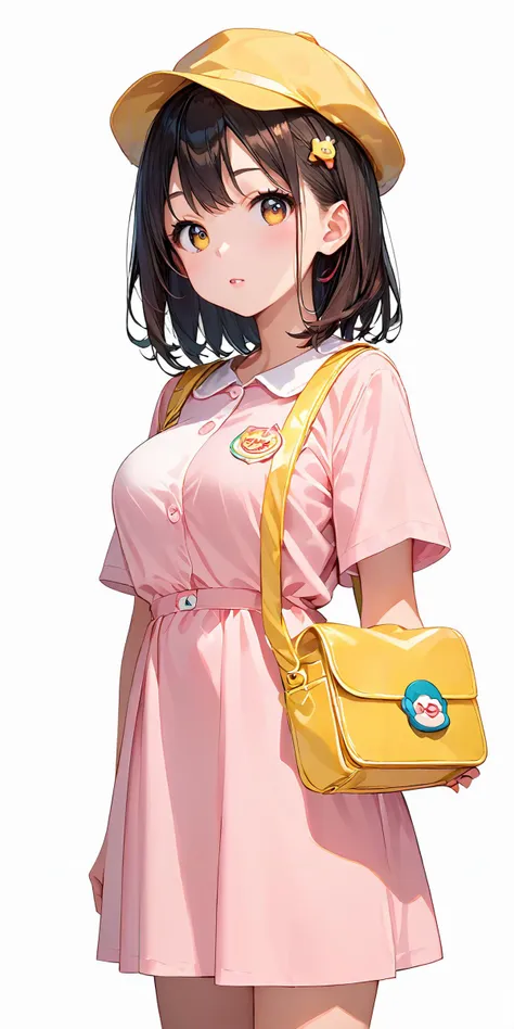 anime girl in a pink dress and yellow hat with a yellow purse