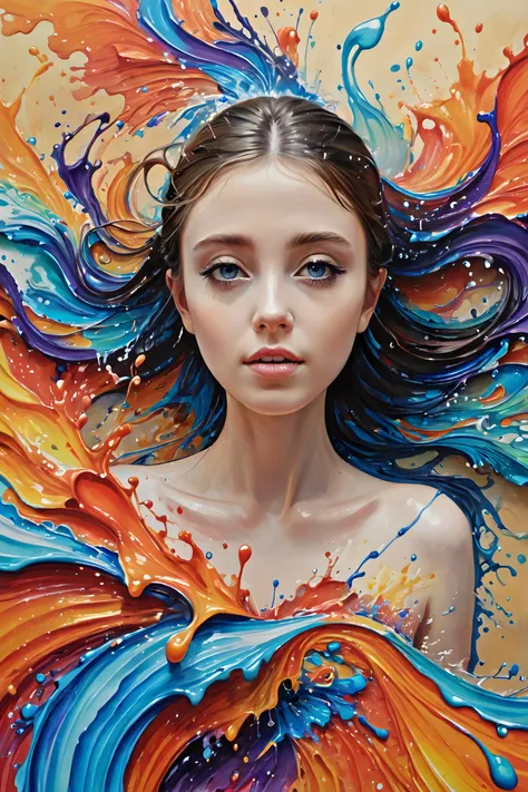 a painting of a woman with colorful hair and flowing water