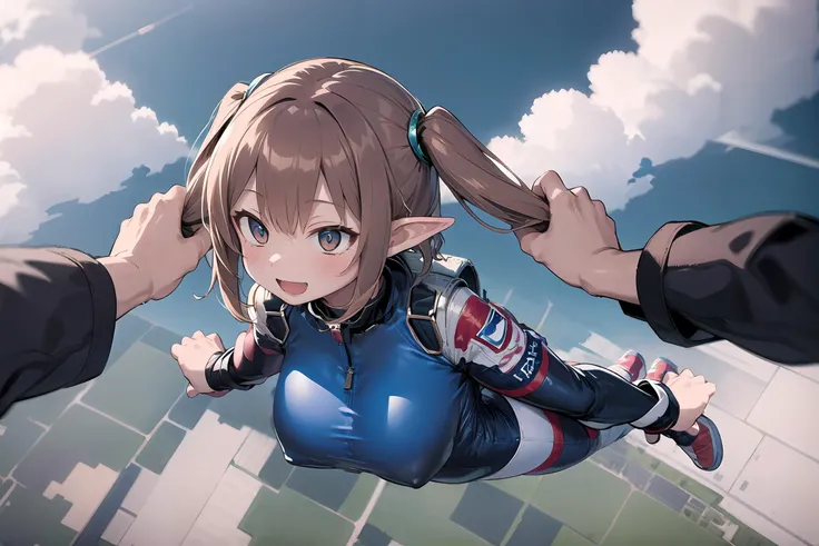 1girl ,brown hair,twintails, elf, large breasts, leotard,smile,open mouth,
falling, jumping, skydive, aerial,
parachute, from below,
pilot suit, spacesuit, outdoors, user interface, tokyo-city,