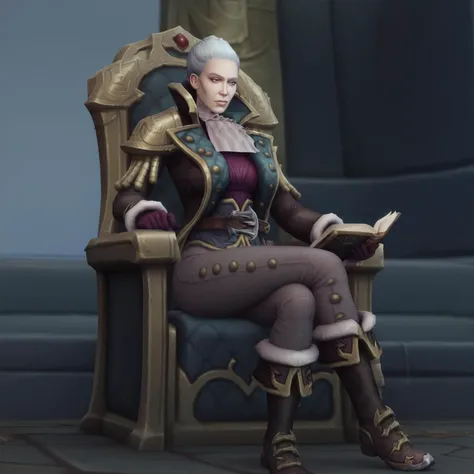 a woman sitting on a throne with a book in her lap