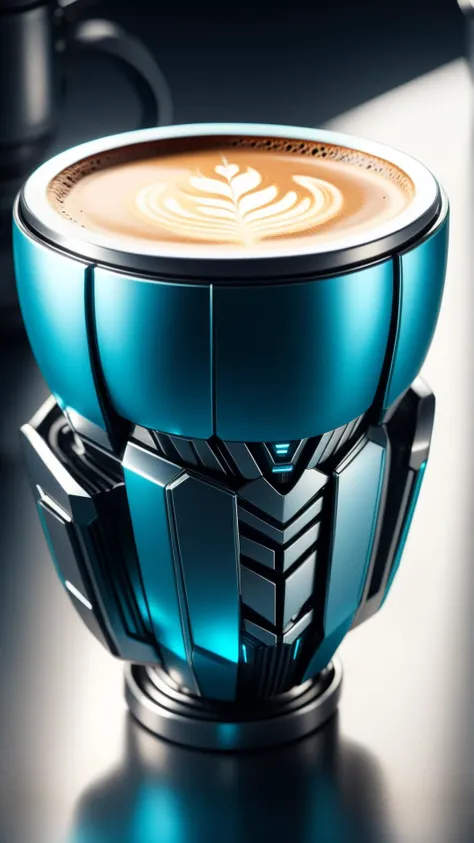 <lora:TransformersStyleXL:1>TransformersStyle Cyan Silver cup of coffee, tech, sci-fi, technology, metallic, 24mm, (analog, cinematic, film grain:1.3), Bokeh DOF, (Masterpiece:1.3) (best quality:1.2) (high quality:1.1)