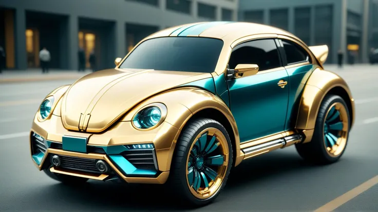 <lora:TransformersStyleXL:1>TransformersStyle Gold Teal beetle, tech, sci-fi, technology, michael bay transformers, (metallic:0.7), 24mm, (analog, cinematic, film grain:1.3), Bokeh DOF, (Masterpiece:1.3) (best quality:1.2) (high quality:1.1)