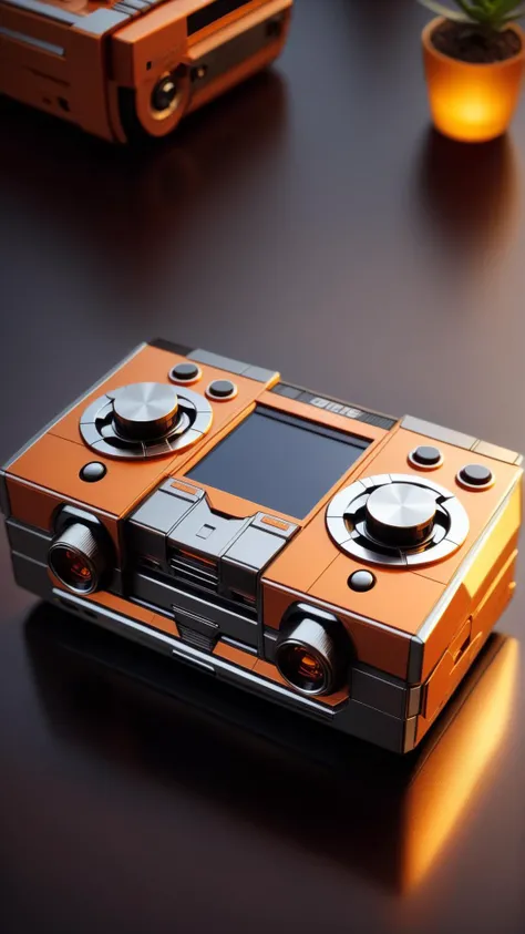 <lora:TransformersStyleXL:1>TransformersStyle Brown Orange handheld game console, 24mm, (analog, cinematic, film grain:1.3), Bokeh DOF, (Masterpiece:1.3) (best quality:1.2) (high quality:1.1)