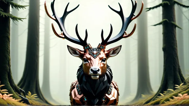 <lora:TransformersStyleXL:1>TransformersStyle Copper Black a majestic stag with jeweled antlers in a mystical forest, tech, sci-fi, technology, michael bay transformers, (metallic:0.7), 24mm, (analog, cinematic, film grain:1.3), Bokeh DOF, (Masterpiece:1.3...