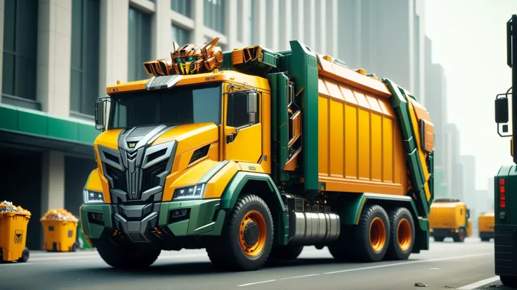 <lora:TransformersStyleXL:1>TransformersStyle Copper yellow (orange:0.8) a green garbage truck compacting trash in the back, tech, sci-fi, technology, michael bay transformers, (metallic:0.7), 24mm, (analog, cinematic, film grain:1.3), Bokeh DOF, (Masterpi...