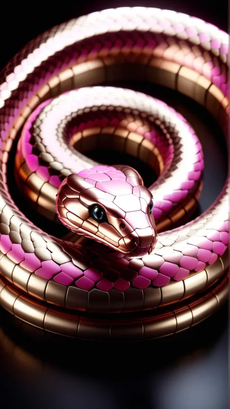 <lora:TransformersStyleXL:1>TransformersStyle Pink Copper snake, tech, sci-fi, technology, metallic, 24mm, (analog, cinematic, film grain:1.3), Bokeh DOF, (Masterpiece:1.3) (best quality:1.2) (high quality:1.1)