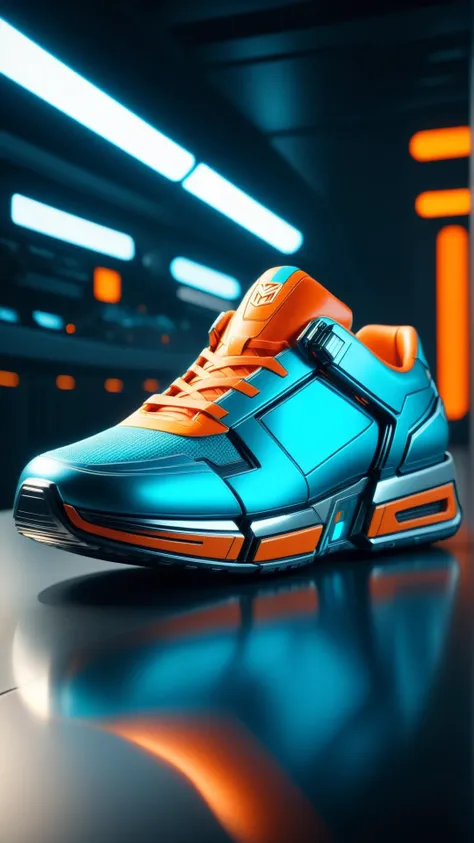 <lora:TransformersStyleXL:1>TransformersStyle Cyan Orange shoe, tech, sci-fi, technology, metallic, 24mm, (analog, cinematic, film grain:1.3), Bokeh DOF, (Masterpiece:1.3) (best quality:1.2) (high quality:1.1)