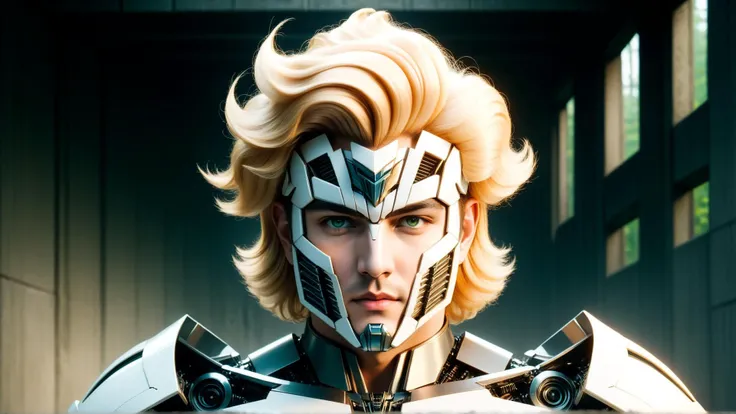 <lora:TransformersStyleXL:1>TransformersStyle White Turquoise Portrait photography, Caucasian, young, man, Long hair, Bouffan hair, Pompadour hair, Honey Blonde hair, Hair weapon, Asian eyes shape, Gray eyes, eyes mask, Thin lips, Coral lips, Oblong face, ...