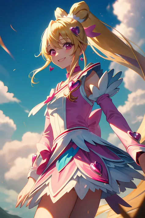 full_eyes masterpiece, best quality, looking_at_viewer, depth_of_field, smile, cowboy shot,
1girl, cure heart, blonde hair, heart hair ornament, pink skirt, pink sleeves, detached sleeves, boots, heart, hair_ribbon, [[high ponytail]], 
standing, gradient_b...