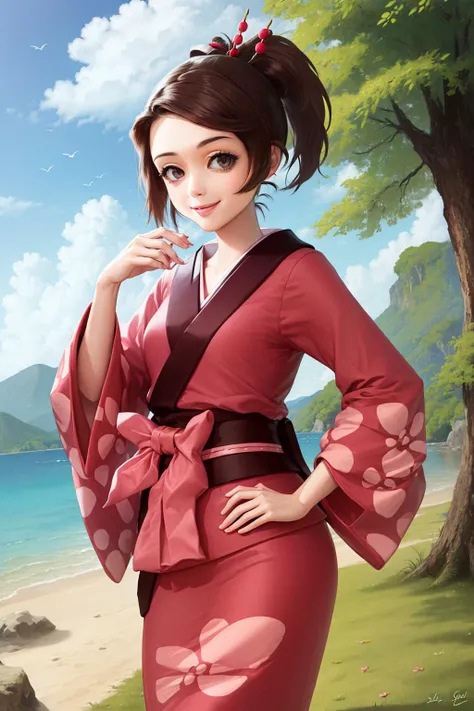 (masterpiece, best quality:1.2), <lyco:samuraichamploo_fuu-10:1.0>, solo, 1girl, scfuu, smile, looking at viewer, hand on hip, ponytail, hair ornament, japanese clothes, pink kimono