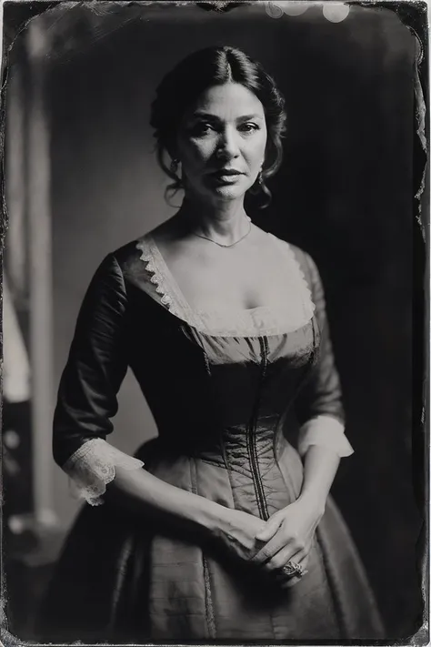 an old black and white photo of a woman in a dress