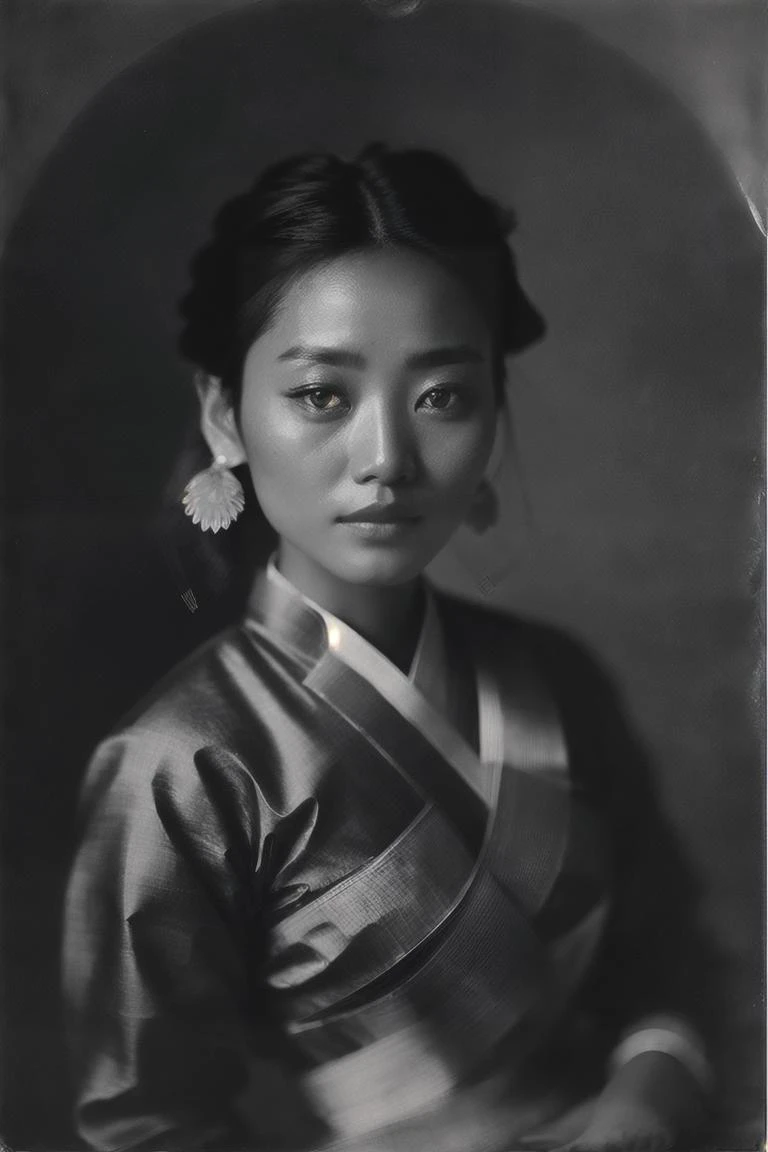 a black and white photo of a woman in a kimono