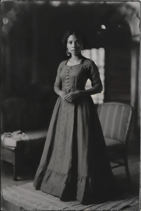 an old black and white photo of a woman in a dress