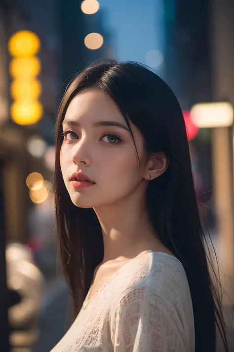 (extremely intricate:1.3), (realistic), photo of a girl in a bustling metropolis, weaving through crowded streets and dark alleyways, close up, Detailed clothes, green eyes, flowing hair, determined expression, shiny glossy skin, subsurface scattering, (sh...