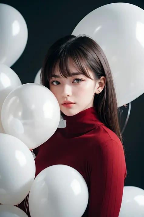 real human skin,RAW photo, fashion portrait photo of beautiful young woman from the 60s wearing a red turtleneck standing in the middle of a ton of white balloons,taken on a hasselblad medium format camera,film grain,Fujifilm XT3,<lora:GoodHands-beta2:1>