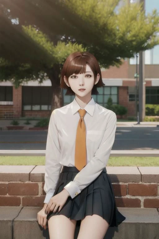 anime girl sitting on a wall with a tie on