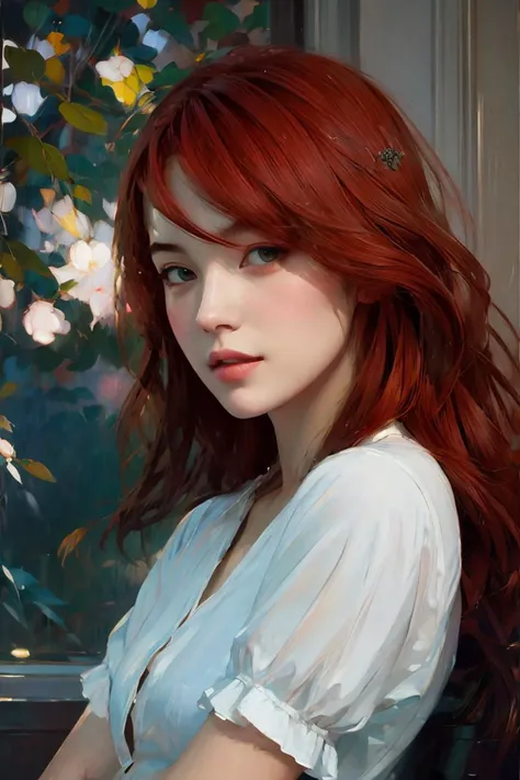 oil painting,x 1girl, solo, shirt, red hair, realistic, long hair, looking at viewer<lora:oil:0.7>