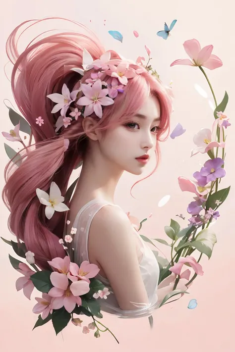 post00d,beautiful woman,long hair,pink,comb,floating hair,flower,Complicated,<lora:post00d:0.8>,