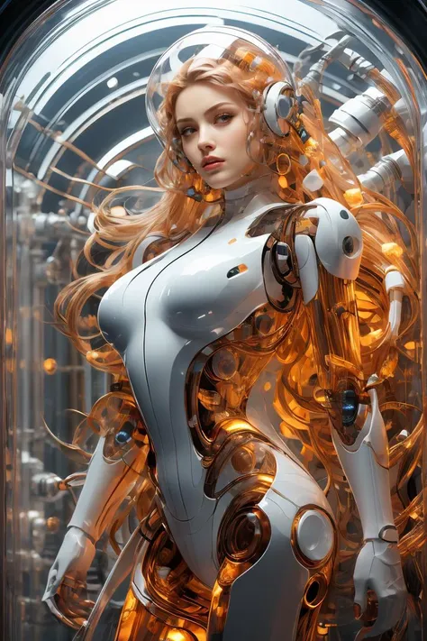 a close up of a woman in a futuristic suit in a glass case