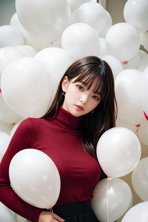 natural skin,<lora:more_details:0.3>,<lora:GoodHands-beta2:1>,fashion portrait photo of beautiful young woman from the 60s wearing a red turtleneck standing in the middle of a ton of white balloons,taken on a hasselblad medium format camera,film grain,Fuji...