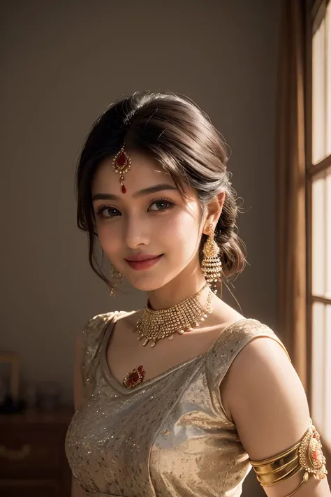 natural skin,<lora:more_details:0.3>,<lora:GoodHands-beta2:1>,(masterpiece, best quality:1.3),realistic,dramatic cinematic light,Renaissance,cluttered room,portrait of a beautiful (Indian woman:1.2) wearing a armored dress,grey dress,detailed skin imperfec...