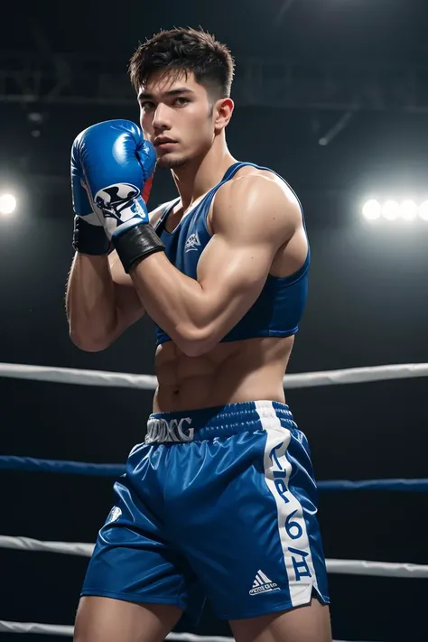 cowboy shot,realistic,best quality,masterpiece,realistic,(detailed face),detailed background,dramatic lighting,1boy,boxing gloves,male focus,solo,dark skin,dark-skinned male,muscular,shorts,blue shorts,cinematic pose,<lora:GoodHands-beta2:1>,