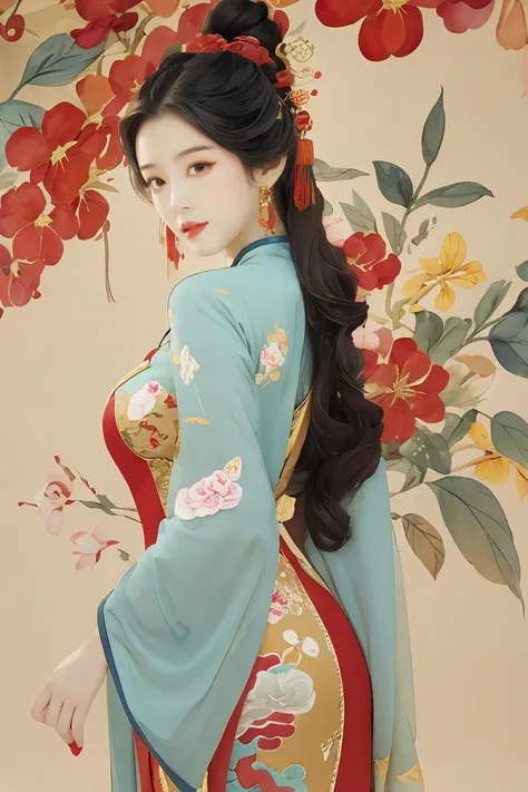 1girl,long hair,solo,colorful dress,hair ornament,jewelry,colorful flower,hair flower,(longANDred chinese dress:1.5),hanfu,holding,breasts,puffy sleeves,brown hair,looking at viewer,black hair,lips,brown eyes,shoulder cutout,wavy hair,parted lips,first,pai...