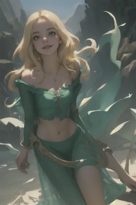 (masterpiece), (extremely intricate), photorealistic photo of rapunzel from the movie tangled, 1girl, solo, smile, long blonde hair, green eyes, jewelry, toned midriff, detailed legs, necklace, strapless dress, mountain background, (perfect composition:1.4...