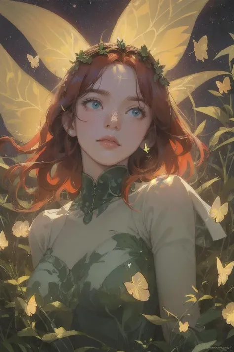 (masterpiece, best quality:1.2) 8k, 4k, illustration, 1girl, full body shot, a red haired scottish girl, (round face:1.2), ornate long green dress, auburn hair, gold leaf dress design, (glowing plants, glowing butterflies, glowing particles, galaxy:1.2), f...