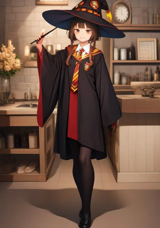 masterpiece, 8k, 4k,  HDR,  <lora:Megumin:0.9> fingerless gloves, black gloves, long sleeves, witch hat,  bandages, red eyes, short hair with long locks, bangs, brown hair, short hair, small breasts,  <lora:HP:0.9> HP robe, outfit, shirt, long_sleeves, hol...