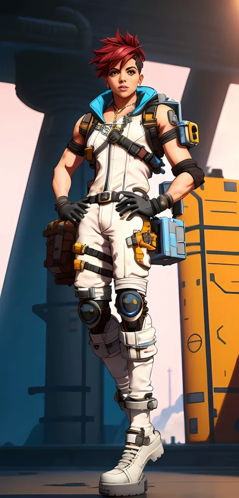 a male character stand on the white floor, chemistry factory background, (apexlegends_style:1.0)