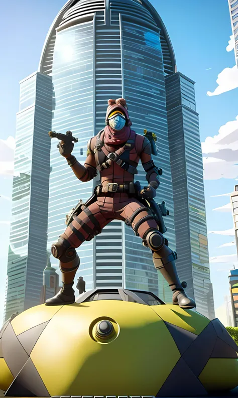 a male character stand on the ground, wearing mask, garden and futurist circle building in the background, (apexlegends_style:1.0)