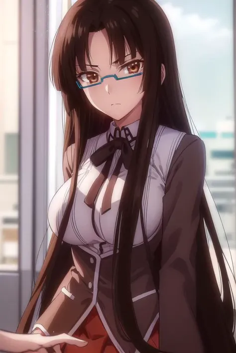 tsubakishinra, <lora:tsubaki shinra anime s2-lora-nochekaiser:1>,
tsubaki shinra, long hair, black hair, (brown eyes:1.5), glasses, semi-rimless eyewear, under-rim eyewear, (parted bangs:1.5), bangs, blunt bangs,
BREAK shirt, ribbon, school uniform, white ...