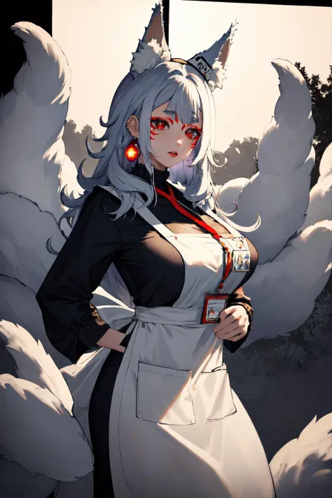 a woman in a white dress with a cat ears and a red eye