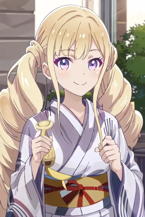 best quality, masterpiece, highres, solo, {yukata:1.40}, {kimono:1.20}, {shiahuoshiyuroze_kumakumakumabear:1.15}, blonde_hair, long_hair, twintails, purple_eyes, drill_hair, bangs, necktie, smile