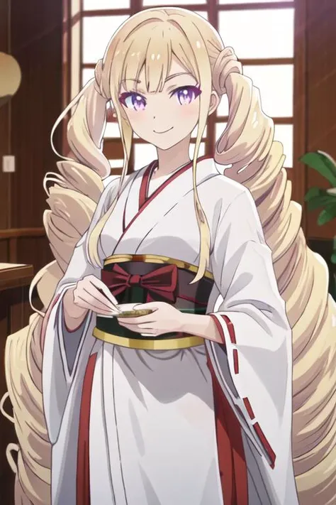 best quality, masterpiece, highres, solo, {white kimono:1.35}, {red hakama:1.35}, {wide sleeves:1.20}, {shiahuoshiyuroze_kumakumakumabear:1.15}, blonde_hair, long_hair, twintails, purple_eyes, drill_hair, bangs, necktie, smile