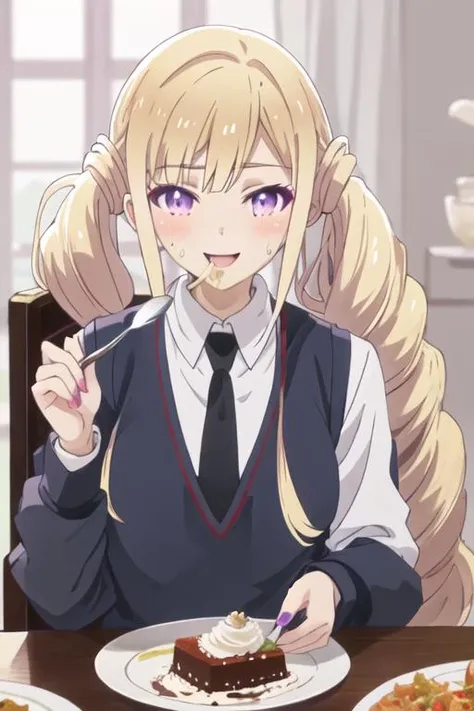 best quality, masterpiece, highres, solo, {shiahuoshiyuroze_kumakumakumabear:1.15}, blonde_hair, long_hair, twintails, purple_eyes, drill_hair, bangs, necktie, smile, 1girl, chair, food, holding, holding_spoon, indoors, school_uniform, shirt, sitting, spoo...