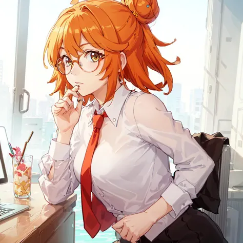 AobaYuki/(denchi-project/), solo,1girl, <lora:AobaYukiV2:0.5>, glasses, simple background, looking at viewer, business suit, single hair bun,