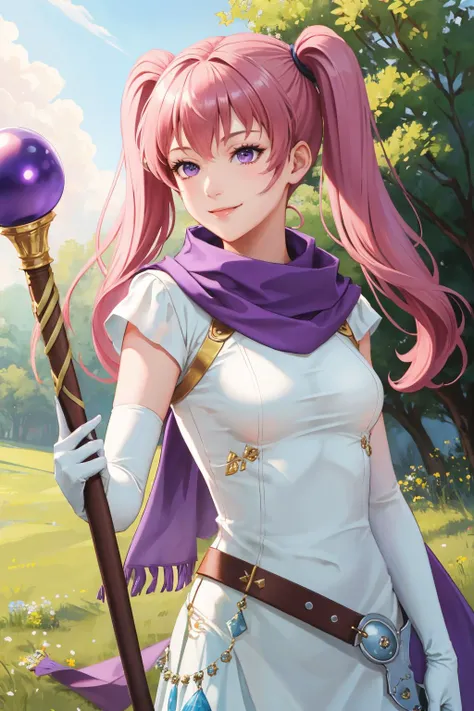 <lora:serra-nvwls-v1-final:0.8> serra, purple eyes, long white dress, belt, elbow gloves, purple scarf
masterpiece, best quality, absurdres, upper body, grassy plains, <lyco:UnlimitedBladeWorks1.6:0.8> holding weapon, holding, weapon, holding staff, staff,...