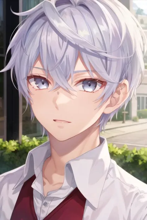 masterpiece, best quality, photorealistic, 1boy, solo, male focus, looking at viewer, , , <lora:lugh_tuatha_de:0.64>, lugh_tuatha_de, white hair, grey eyes, school uniform,