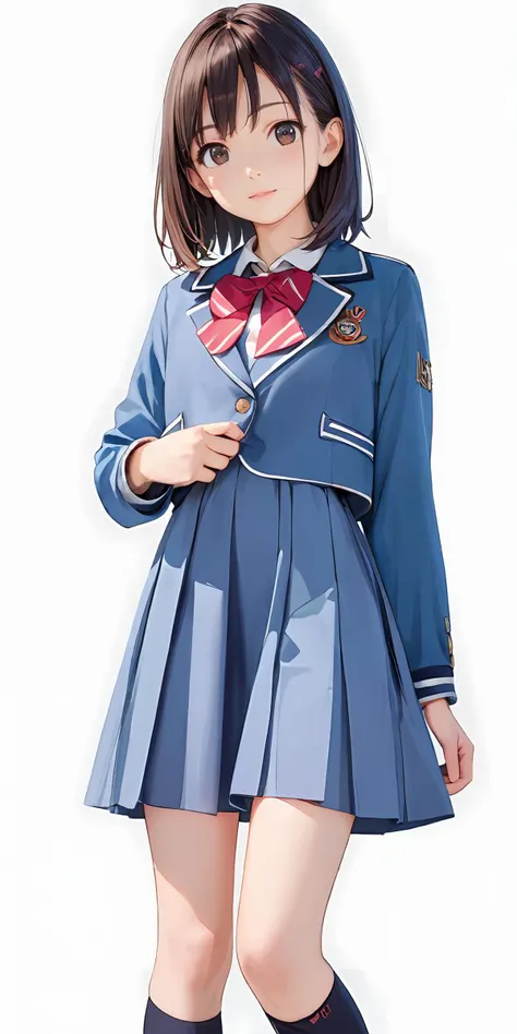 anime girl in a blue school uniform with a red bow