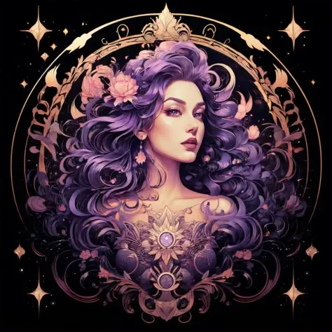 pink lotus queen, clean image, exquisite digital illustration, extremely detailed beautiful, epic smooth illustration, the fire queen, compass energy flowing, with a black dark background, she has purple hair, brilliantly colored, tall obsidian architectur...