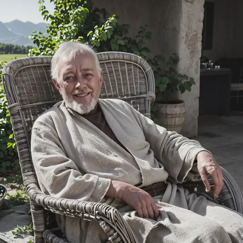 <lyco:obi_wan_kenobi-trigger_sksjedi:1.0> professional photoshoot, hasselblad photography, f3.5, 120mm, upper body shot, light smile, detailed eyes, sitting in a (wicker armchair:1.2) on a veranda, wine leaf, grapes, detailed face, detailed eyes, soft morn...