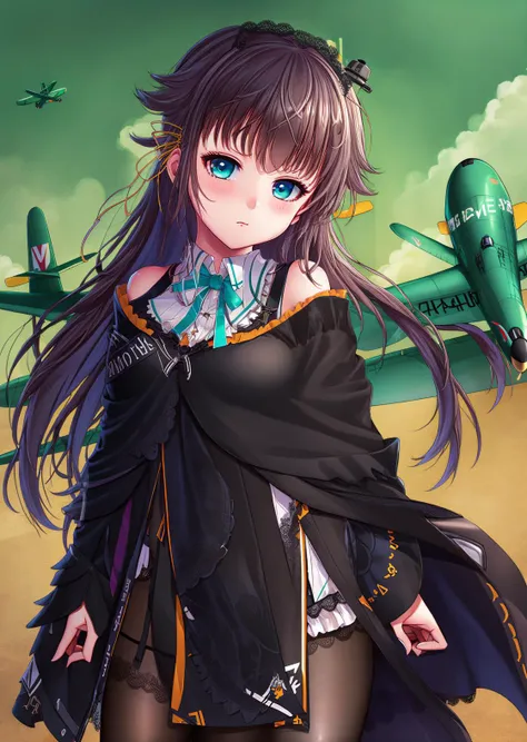 anime girl with long hair and cape standing in front of an airplane