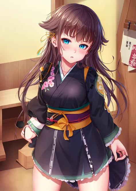 anime girl in kimono outfit with blue eyes and long hair