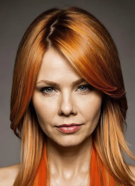 portrait of sks woman by Flora Borsi, style by Flora Borsi, bold, bright colours, orange Mohawk haircut, ((Flora Borsi)), <lora:locon_andrearoth_v1_from_v1_64_32:1.25>